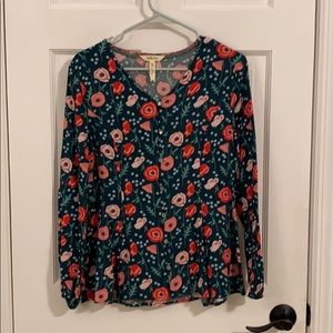 Teal Blue Button Up Blouse w Pink Floral Print